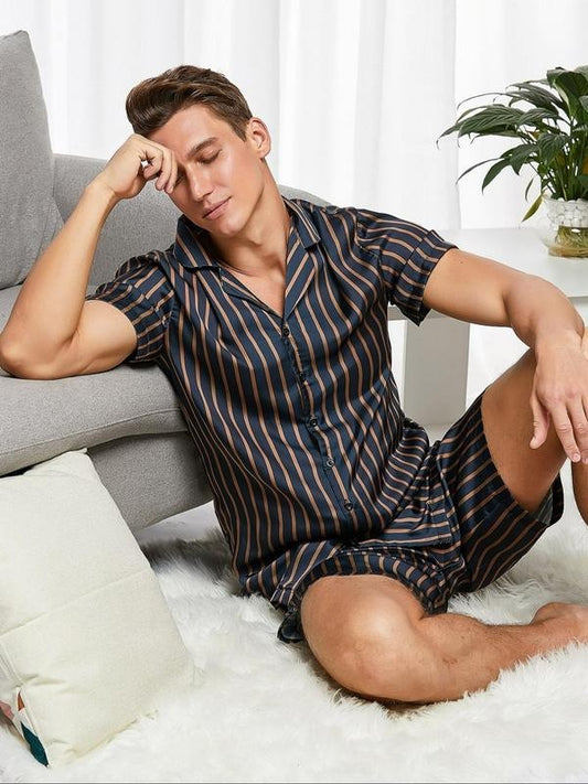 Two-Piece Set Men's Striped Print Short Sleeve Shirt & Shorts, Regular Fit Casual Comfy Button Down Top & Shorts for Beach Vacation, Men's Summer Clothes