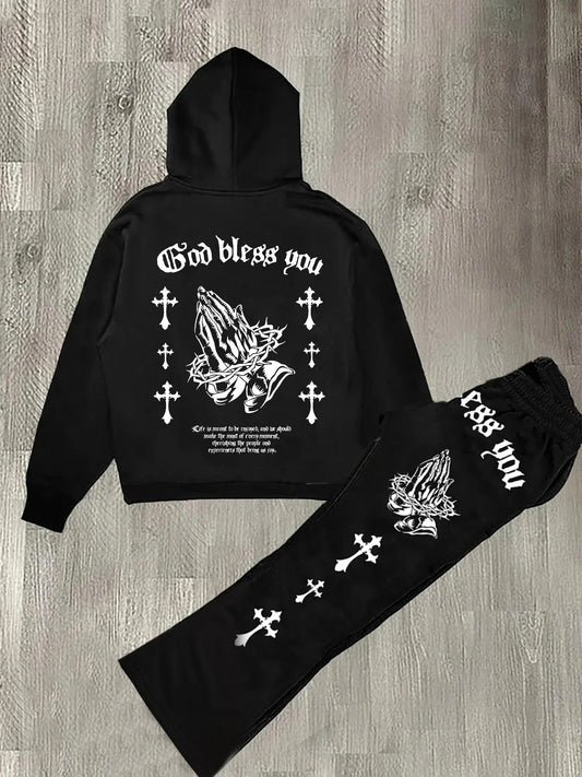 Two-piece Set Men's Prayer Gesture Graphic Pocket Hoodie & Drawstring Waist Sweatpants Set, Regular Fit Street Casual Long Sleeve Hooded Pullover & Elastic Waist Trousers,  Streetwearv, Men's Fall & Winter Clothes