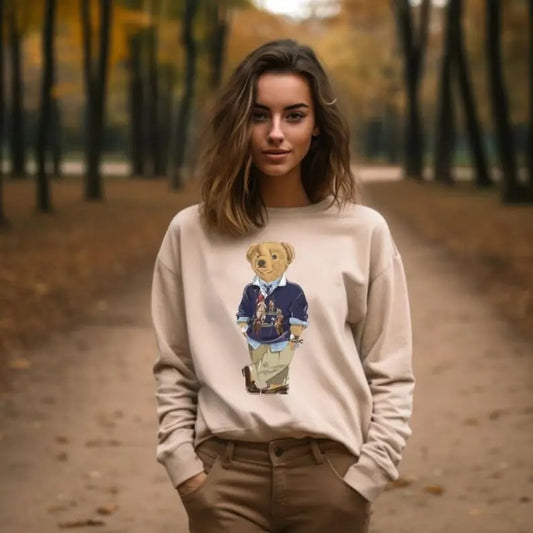 Unisex Casual Polo Bear Crewneck Tan Sweatshirt, Stylish Bear, Animal Sweater, Bear Lover Shirt Winter Sweatshirt Teddy Bear, Fancy Bear