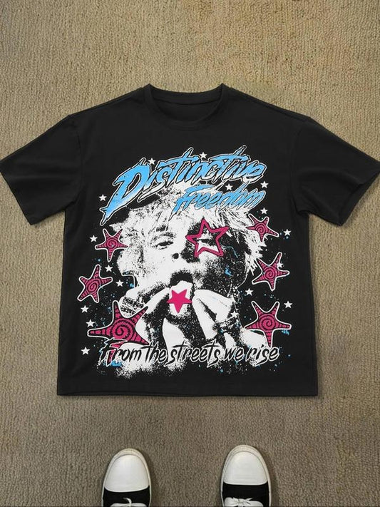 Unisex Men's Distressed Print Round Neck Tee, Regular Fit Street Fashion Casual Short Sleeve T-Shirt for Daily Wear, Men's Clothes for Summer, Top