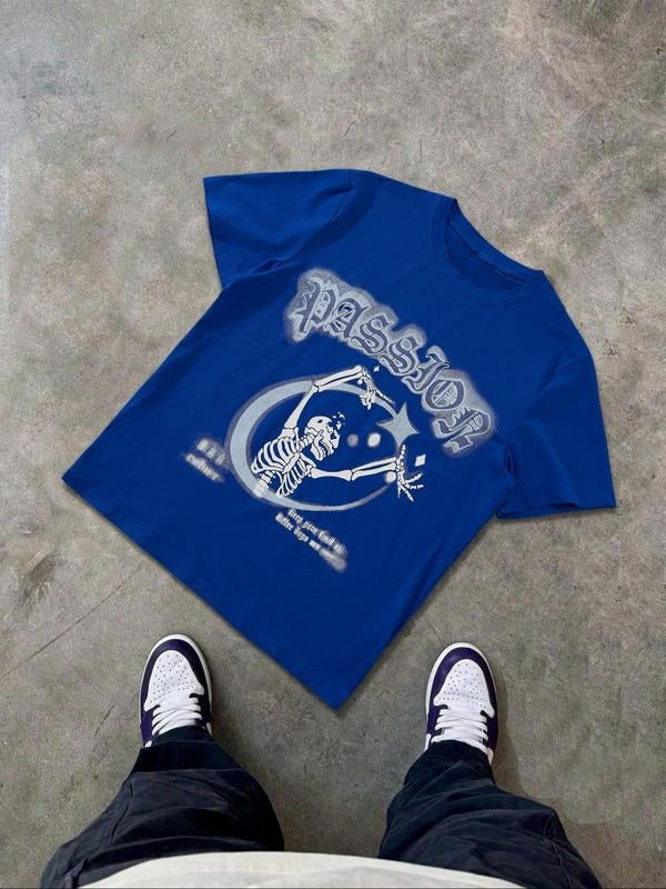 Unisex's Skull Print Round Neck Tee, Regular Fit Casual Short Sleeve Crew Neck T-Shirt for Summer, Fashion Men's Top for Daily Wear, Tropical