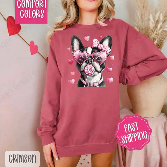 Valentine Boston Terrier Comfort Colors Sweatshirt, Valentine's Day Women's Crewneck, Cute Women's Sweater