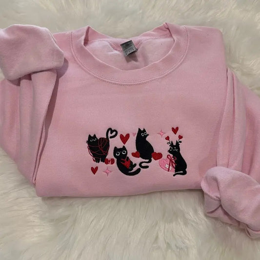 Valentines black Cats Embroidered sweatshirt, Valentine Embroidered crewneck, Valentine's Day sweatshirt