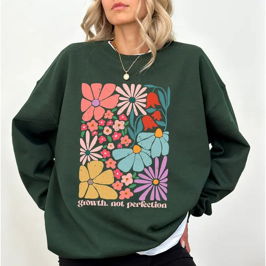 Vintage Boho Flowers Christian Sweatshirt, Growth Not Perfection, Bible Verse Crewneck, Floral Retro Christian Sweater, Jesus Lover Gift, Religious Believer Top, Christian Apparel, Comfy Long Sleeve Pullover, Comfort Fabric Women's Tops, Casual Womenswear
