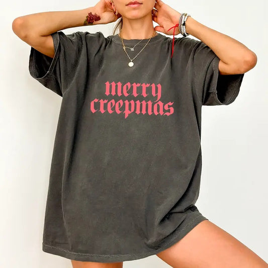 Vintage Merry Creepmas Comfort Colors Shirt, Gothic Merry Christmas Graphic Tee, Sarcastic Christmas Unhinged Tees, Funny Holiday Oversized T-shirt