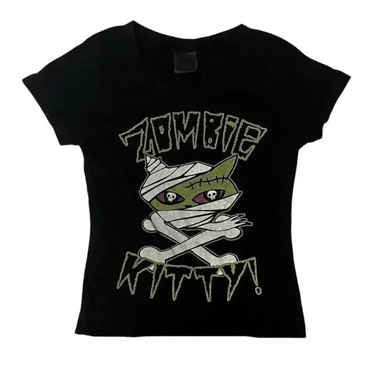Vintage Zombie Kitty Baby Tee, Gothic Emo Girl Top, Y2k Top Women Streetwear, Scene Clothing 2000s