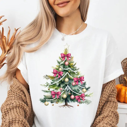 Watercolor Coquette Christmas Tree T-shirt, Coquette Bow Christmas Shirt, Cute Christmas Shirt, Christmas Bow Tree Shirt ,Coquette Bow Shirt