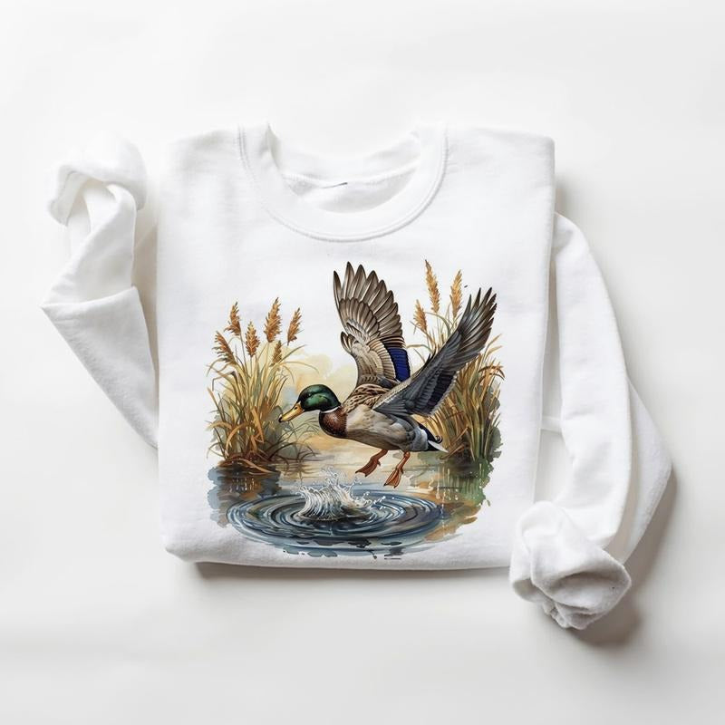Watercolor Mallard Duck Flying of a Lake Wild Duck Sweatshirts Independence Day Retro and National Hunting Day 1 Cotton Womenswear
