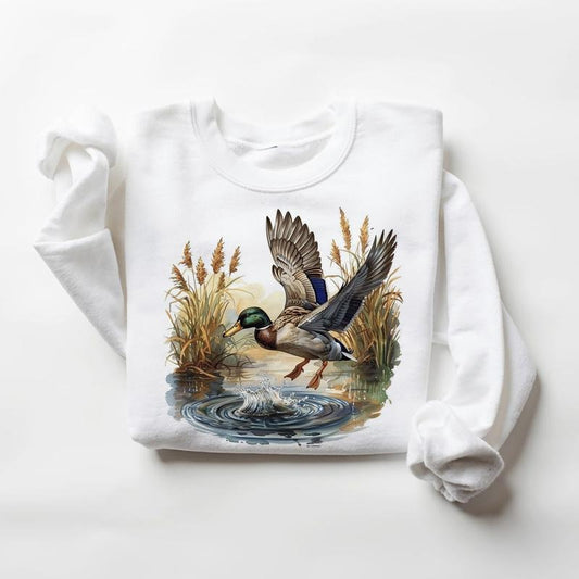Watercolor Mallard Duck Flying of a Lake Wild Duck Sweatshirts Independence Day Retro and National Hunting Day 1 Cotton Womenswear