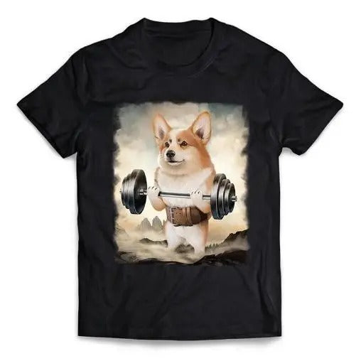 Welsh Corgi Dog Muscle Training and Weightlifting in Mountainous - Short-Sleeve Unisex T-Shirt Made in USA