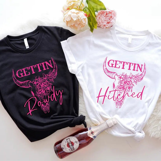 Western Bachelorette Party Shirt, Getting Hitched Rowdy T-shirt, Country Bridal Shower Tee, Bride Gift Tee, Matching Bridesmaid Shirt, Cow Skull Wedding Tee.