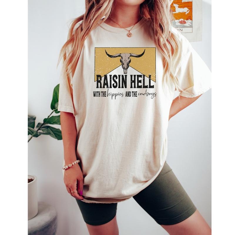Western Raisin Hell T-Shirt Cow Head T shirt, Country Shirt, Cowgirl T shirt Southern Bull Skull T shirt