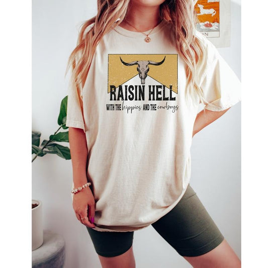 Western Raisin Hell T-Shirt Cow Head T shirt, Country Shirt, Cowgirl T shirt Southern Bull Skull T shirt