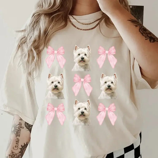 Westie with pink bows Shirt~ Unisex Apparel Relaxed Fit Printed In The USA Clothing Womenswear Casual Comfort Cotton Top Athletic Boho Chic