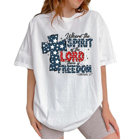 Where The Spirit Of The Lord Shirt, Christian America Graphic Printed Tee, Jesus 4th of July Unhinged Shirt, Independence Day Comfy Fabric Graphic Tee, Women's Top, Womenswear, Cotton Fabric Relaxed Fit Chic Style
