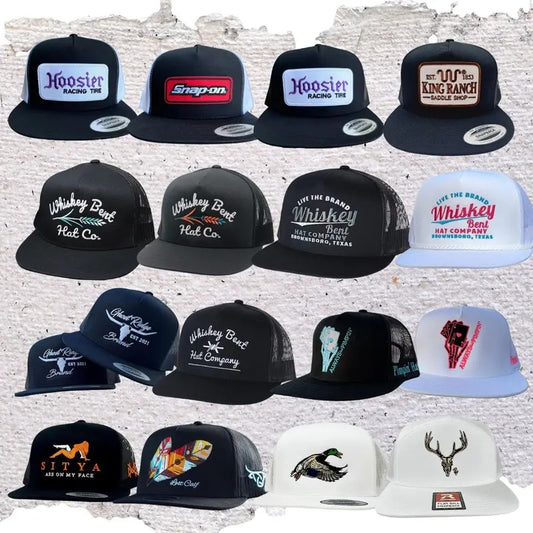 Whiskey Bent Hat, Turquoise Pimpin, PinkBlack Pimpin', "The Ray" "The Junior" Western Threads Cards Hat, Ghost Ridge, Hoosier Racing Tire Hat, Snap-on hat, Tribe Flat Lost Calf Hat, Mallard Duck Hunting Hat
