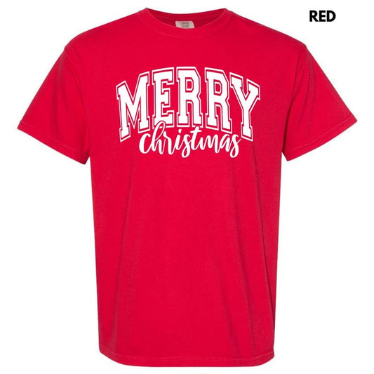 White Cursive Varsity Merry Christmas Comfort Colors T-Shirt 'NLB'