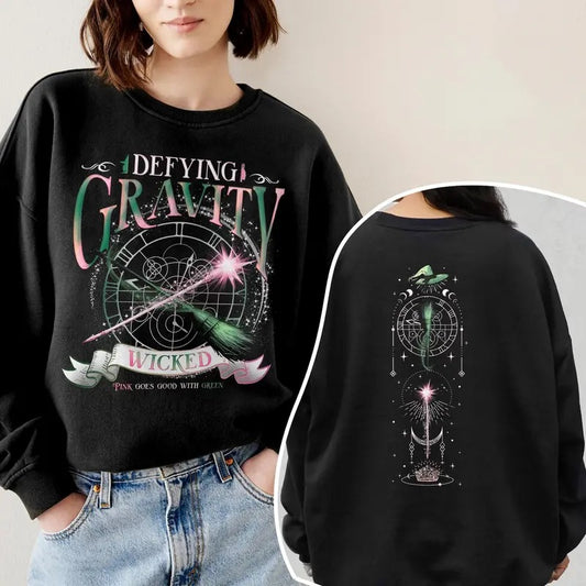 Wicked Defying Gravity Sweatshirt, Pink And Green Changed For Good Crewneck ,Wicked The Musical, Broomstick Magic Wand Movie Fan Shirt