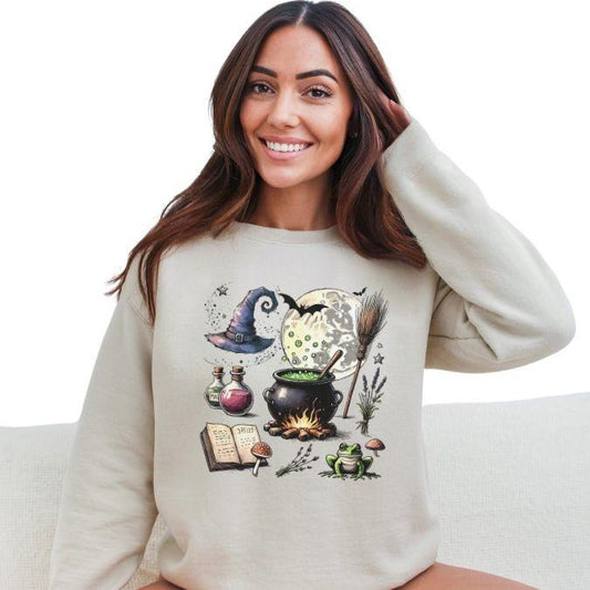 Witches Cauldron Sweatshirt - Casual Fall Pullover for Women - Comfortable Cotton Crew Neck Long Sleeve Top - Halloween Theme - Frog & Sage Print Graphic Sweatshirt