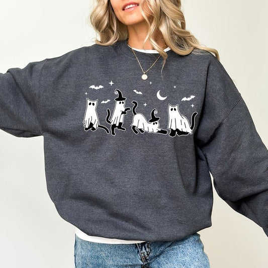 Witchy Ghost Cats Sweatshirt, Halloween Cats Crewneck for Women, Halloween Sweater For Cat Mom, Cat Lover Gift Shirt, Happy Halloween Crewneck, Ghost Sweatshirt, Comfy Long Sleeve Pullover, Women's Tops, Casual Womenswear, Comfort Fabric Cotton Top