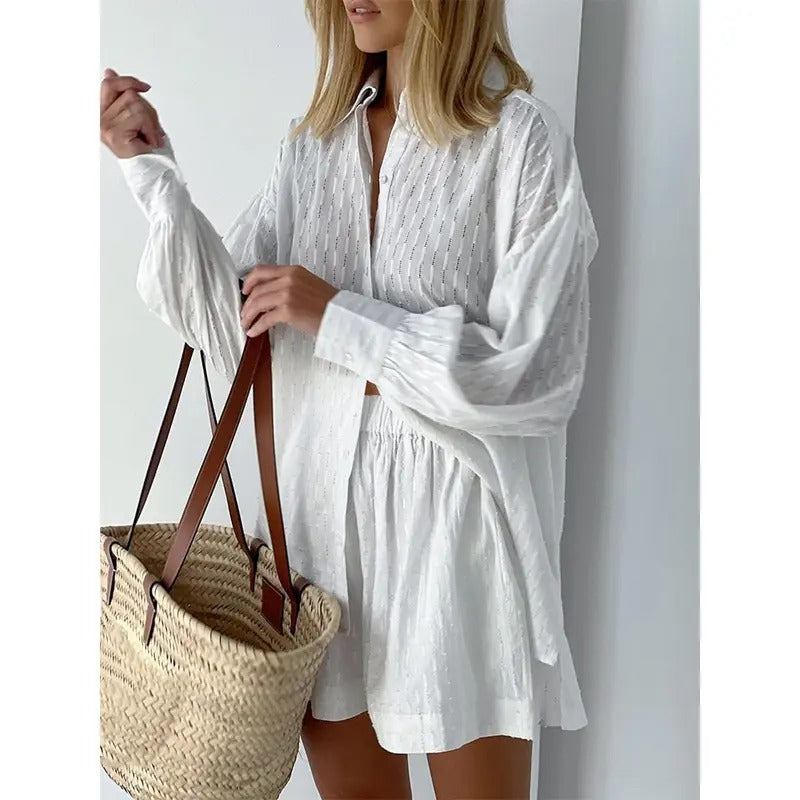 Women 2 Piece Jacquard Shorts Outfits Long Puff Sleeve Lapel Neck Button Down T-Shirt Drawstring Wide Leg Shorts Set Solid Color Loungewear Suits