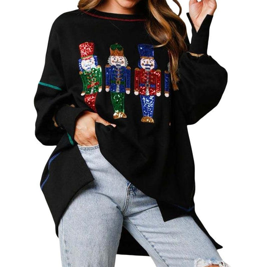 Women Christmas Sequins Sweatshirt Long Sleeve Cartoon Crew NeckPullovers Fall Winter Casual Tops Shirts Party Streetwear