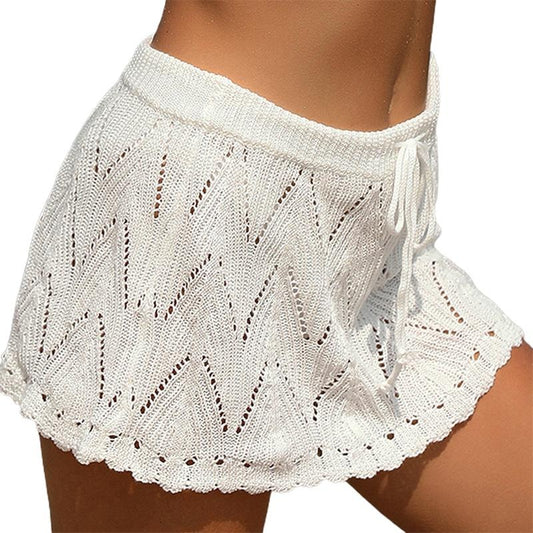 Women Crochet Mini Skirt Cover Up Drawstring High Waist Hollow See Through Bikini Coverups Summer Knitted Beach Short Skirts