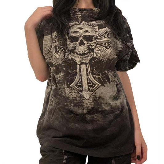 Women Fashion Gothic T-Shirts Vintage Skull Print Crew Neck Short Sleeve Loose Shirts Summer Casual Tops Streetwear Womenswear Check