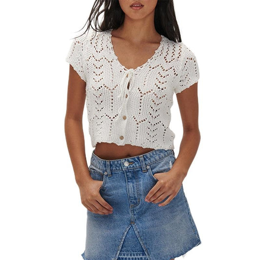 Women Knit Cutouts Crop T-Shirts Solid Color Crochet V Neck Button Front Tie Short Sleeve Tops Summer Aesthetic Grunge Clothes Streetwear