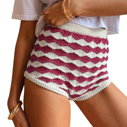 Women Knit Shorts, Elastic Waist Contrast Color Slim Fit Summer Shorts Casual Shorts for Daily Light Womenswear Bottom Slip
