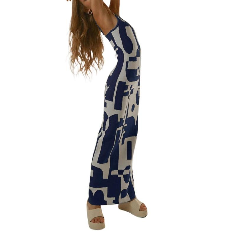 Women Long Bodycon Dress Print Sleeveless Spaghetti Strap Cocktail Cami Dress Summer Backless Party Dress Formal Polyester