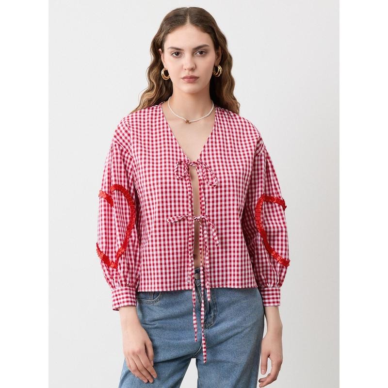 Women Long Sleeve Shirts Plaid Heart Pattern Front Two Bowknot Tie-Up V-Neck Blouses Fashion Spring Casual Tops Light Polyester Womenswear Check