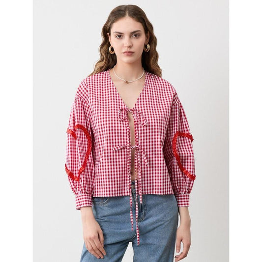 Women Long Sleeve Shirts Plaid Heart Pattern Front Two Bowknot Tie-Up V-Neck Blouses Fashion Spring Casual Tops Light Polyester Womenswear Check