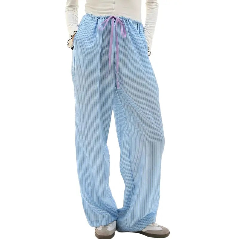 Women Loose Pants Stripe Drawstring Elastic Waist Trousers Spring Summer Casual Sweatpants