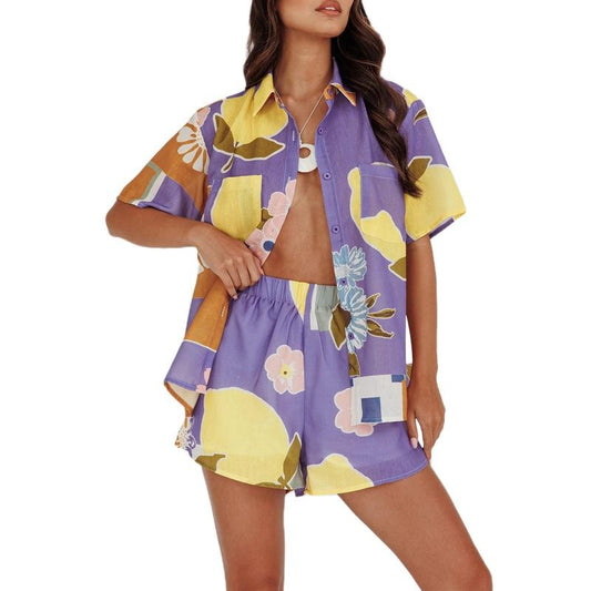 Women Loungewear Set Lemon Print Lapel Neck Short Sleeve Tops Shorts Fashion 2-Piece Pajama Outfit Nightwear Womenswear