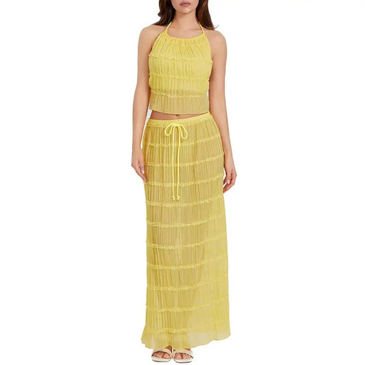 Women Maxi Skirt Sets Two Piece Summer Outfits Sleeveless Ruched Halter Cami Tops and Long Skirt Set Beachwear
