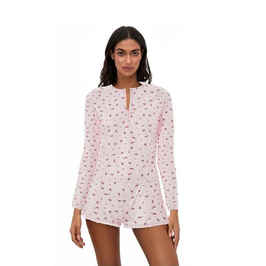 Women Pajamas Sets Floral Pattern ButtonFit Long Sleeve V-Neck Tops with Mini Shorts Lounge Wear 2 Pcs Set
