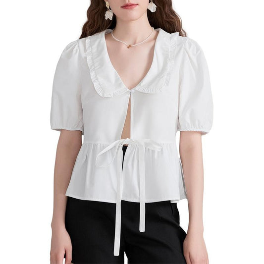 Women Short Sleeve Shirts Solid Color Doll Collar Front Bowknot Tie-Up Fashion Blouses Summer Casual Tops Cotton Womenswear