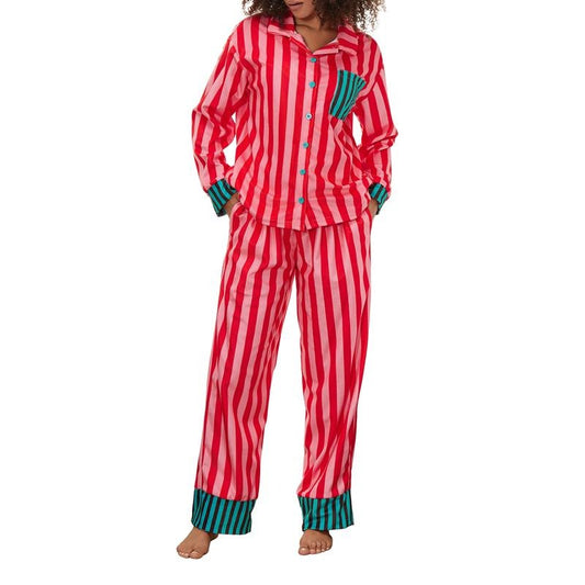 Women Striped Print Pajama Set Lapel Neck Button-up Long Sleeve Tops Long Pants 2-Piece Loungewear Outfit