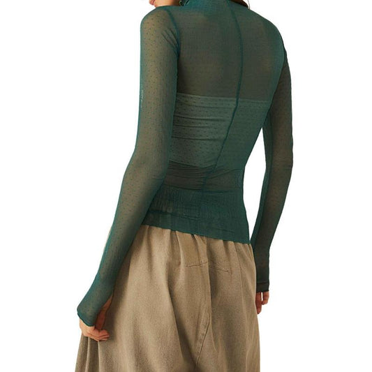 Women T-shirt, Long Sleeve Turtleneck Swiss Dots See-through Slim Fit Sheer Tops Clubwear Womenswear Army