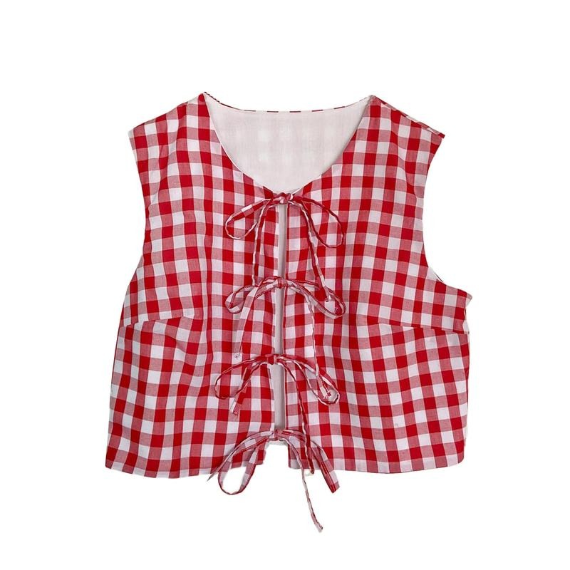 Women Tie Front Tank Tops Casual Summer Plaid Print Reversible Vest Sleeveless Shirt Aesthetic Clothes for Streetwear Fashion Polyester