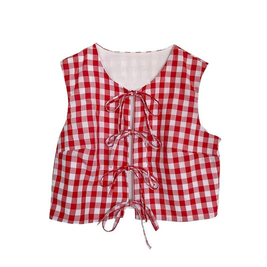 Women Tie Front Tank Tops Casual Summer Plaid Print Reversible Vest Sleeveless Shirt Aesthetic Clothes for Streetwear Fashion Polyester