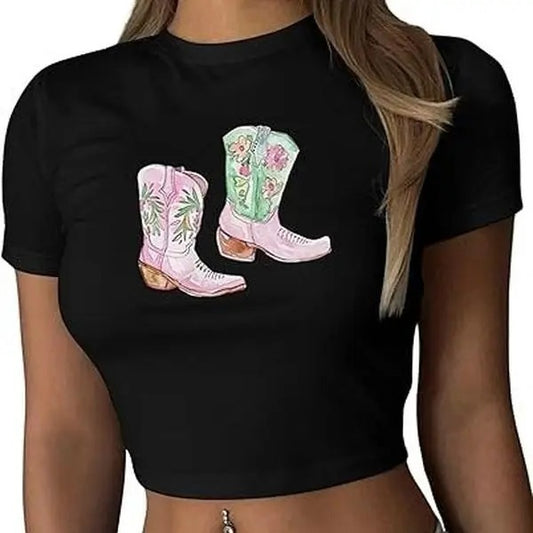 Women Western Cowgirl Crop Tops - Nashville Country Concert Rodeo Outfits Sexy Boot Print Summer Collar Fashion
