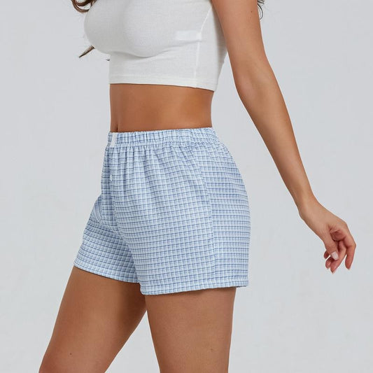 Women Y2K Plaid Pajamas Shorts Button Elastic High Waist Gingham Wide Leg Loose Fit Boxers Shorts Lounge Sleep Bottoms Shorts Summer Streetwear