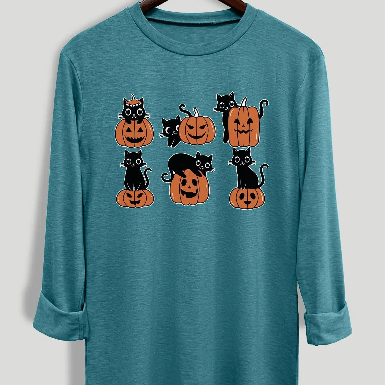 Women's   Cat & Pumpkin Print Round Neck Tee, Casual Long Sleeve Crew Neck T-shirt for Fall & Winter, Women's Clothes for Daily Wear