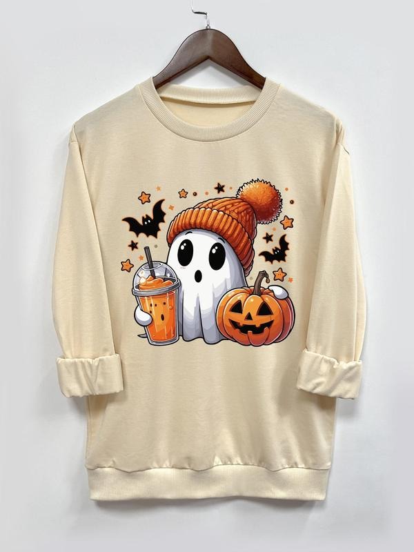 Women's   Ghost Print Round Neck Sweatshirt, Casual Long Sleeve Crew Neck Pullover for Fall & Winter, Women's Clothes for Daily Wear
