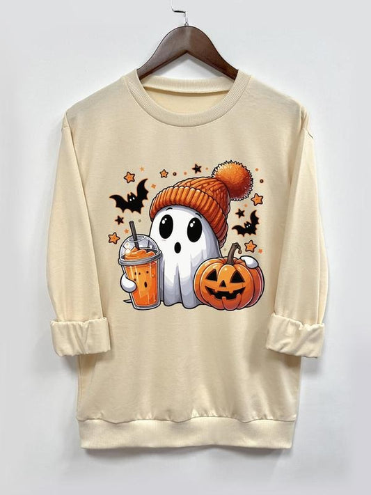 Women's   Ghost Print Round Neck Sweatshirt, Casual Long Sleeve Crew Neck Pullover for Fall & Winter, Women's Clothes for Daily Wear
