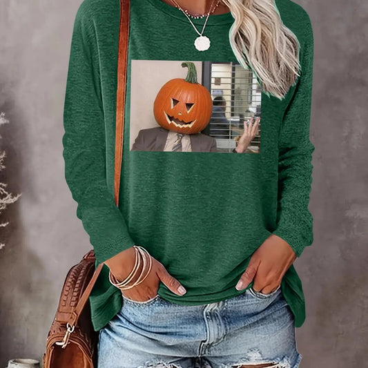 Women's  Cartoon Pumpkin Print Drop Shoulder Sweatshirt, Casual Long Sleeve Round Neck Pullover for Daily Wear, Ladies Fall & Winter Clothes
