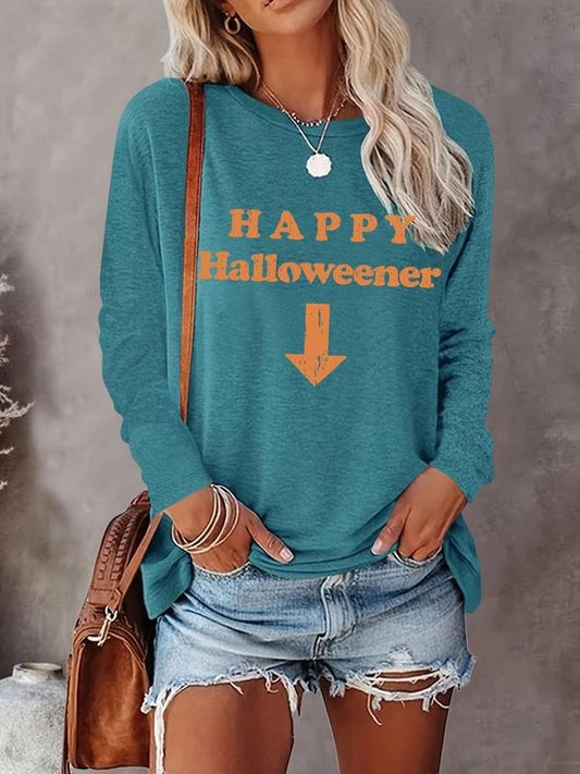 Women's "HAPPY Halloweener" Letter & Arrow Print Round Neck Tee, Casual Long Sleeve Crew Neck T-Shirt for All Seasons, Fashion Women's Top for Daily Wear