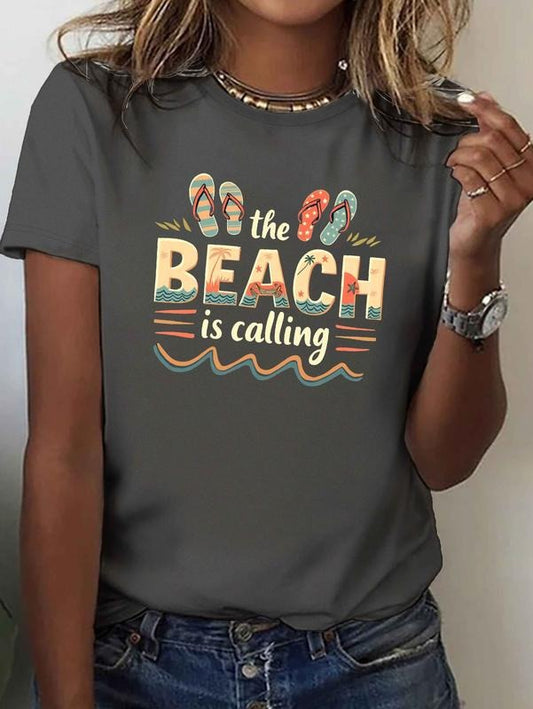 Women's "The Beach is Calling" Graphic Tee - 100%, Red with Colorful Flip-Flop Design, Short Sleeve, Casual Summer Style